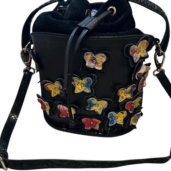 Sharif Leather & Suede 3D Butterflies Applique Bucket Bag Fairy Black - Picture 2 of 15